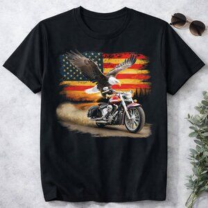 American Eagle Motorcycle USA Flag Retro Black Patriotic Graphic Tee
